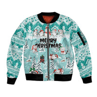 Turquoise unisex zip bomber jacket with festive cat and snowman graphic, ribbed cuffs