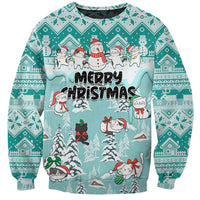 Turquoise crewneck sweatshirt with Merry Christmas winter cat snowman graphic