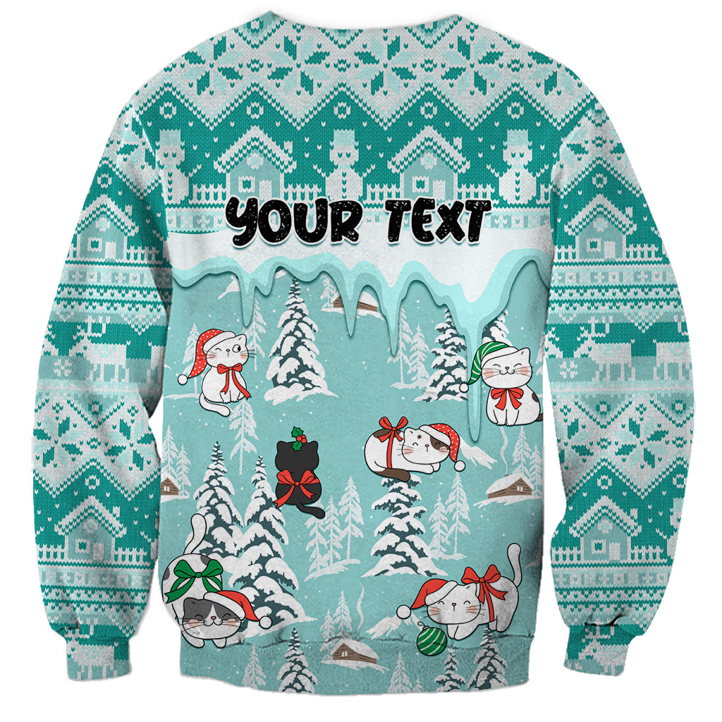 Turquoise crewneck sweatshirt with Your Text winter cat scene graphic