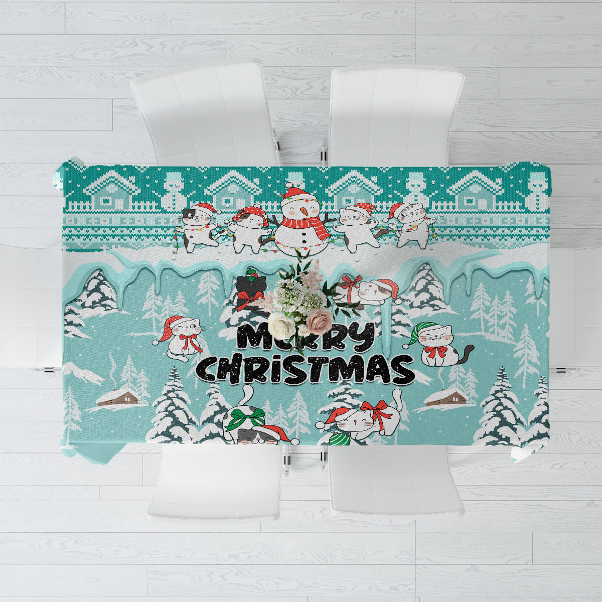 Turquoise Christmas tablecloth with cats and snowman, Merry Christmas text and winter houses