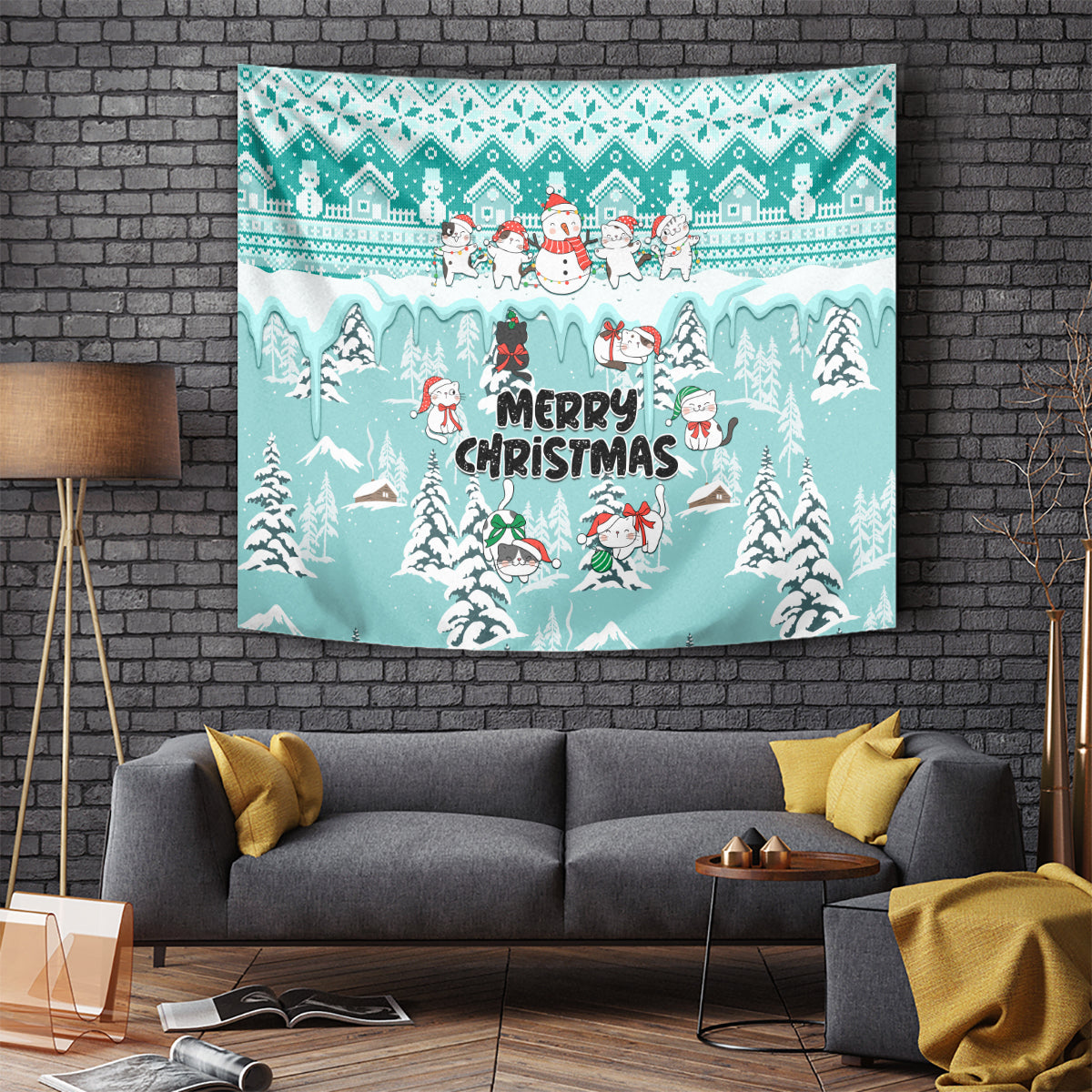 Turquoise Christmas tapestry with cats and snowman, snowy village and 'Merry Christmas'