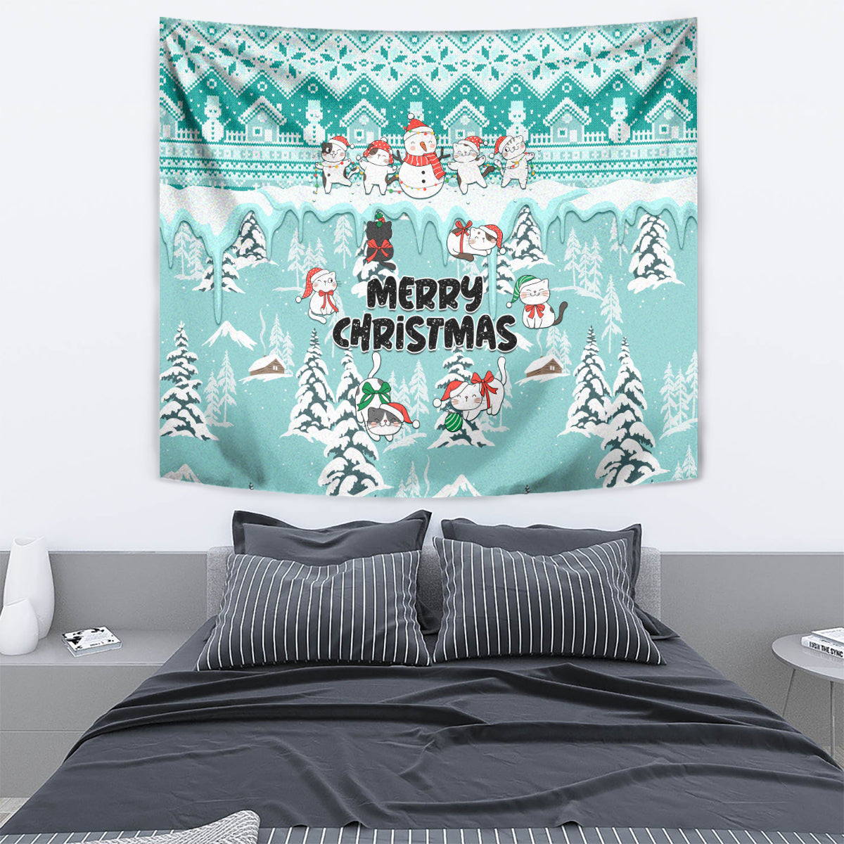 Turquoise Christmas tapestry featuring cats and snowman in snowy village, 'Merry Christmas'