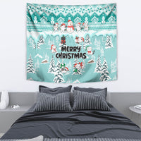 Turquoise Christmas tapestry featuring cats and snowman in snowy village, 'Merry Christmas'
