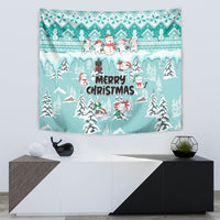 Turquoise Christmas wall tapestry with cats and snowman, snowy trees and 'Merry Christmas'