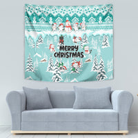 Turquoise Christmas tapestry with cats and snowman, winter houses and 'Merry Christmas'
