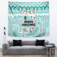 Turquoise Christmas tapestry showing cats and snowman amid snowy pine trees, 'Merry Christmas'