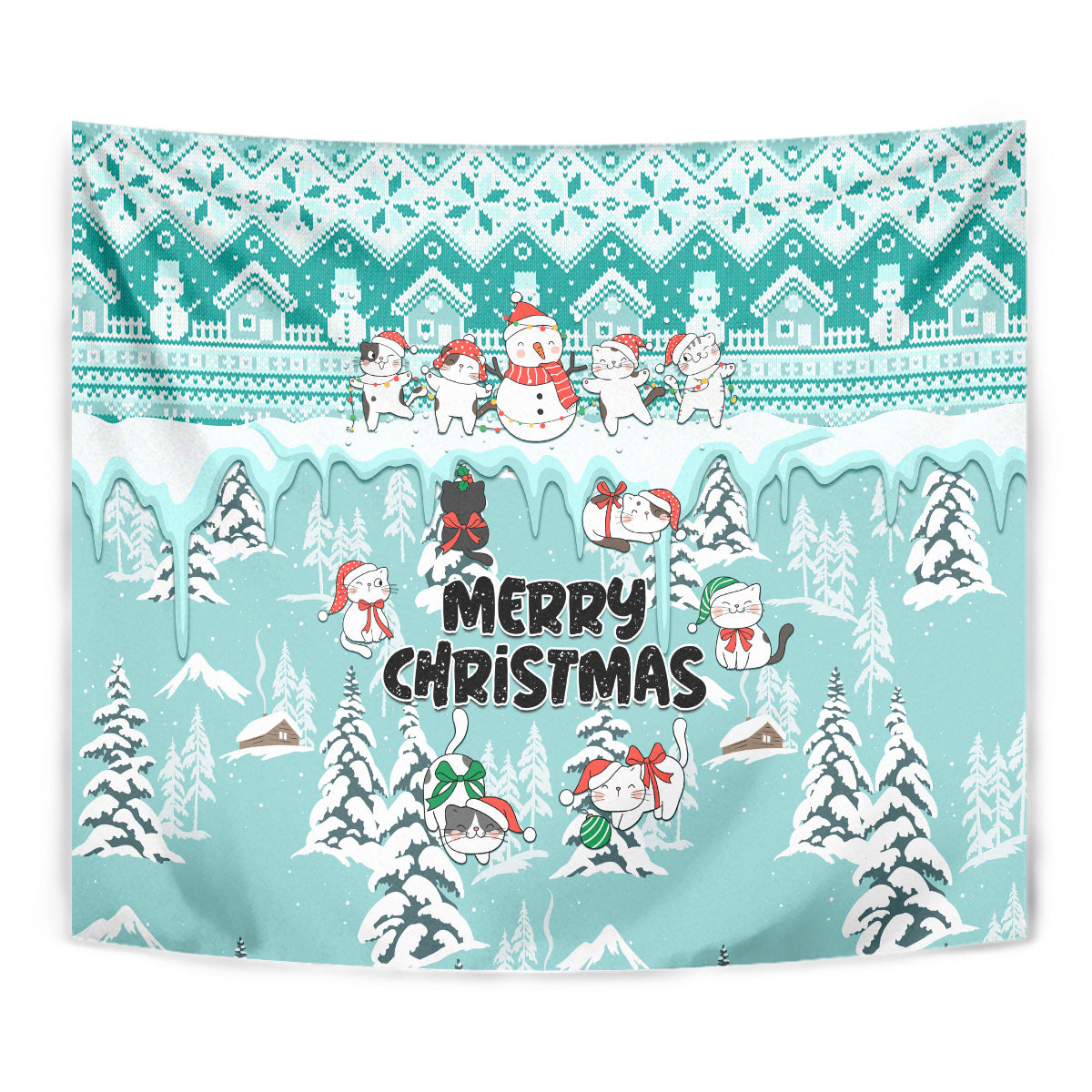 Turquoise Christmas tapestry close-up with cats and snowman, snowy village and 'Merry Christmas'