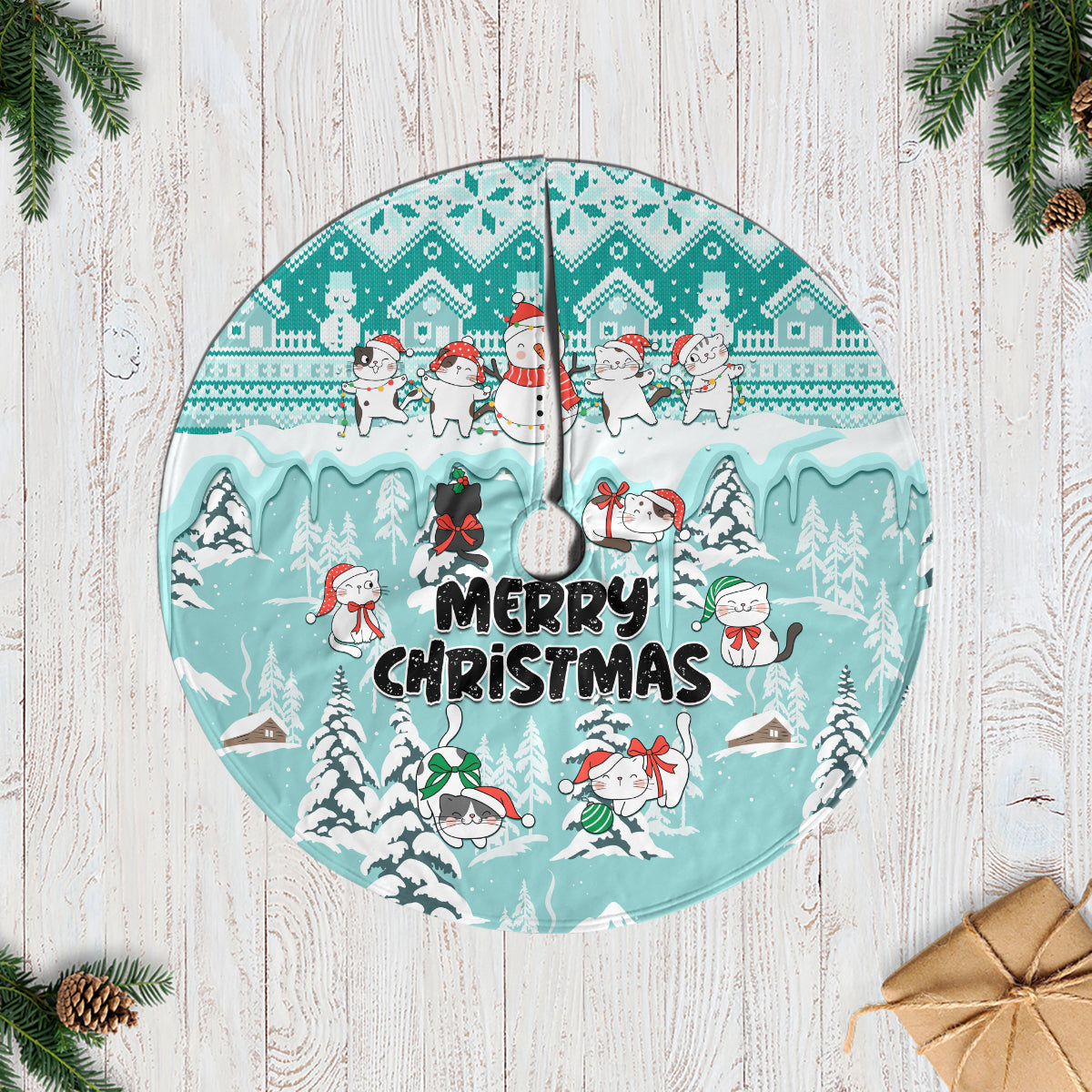 Turquoise cat Christmas tree skirt with Merry Christmas text and snowman characters