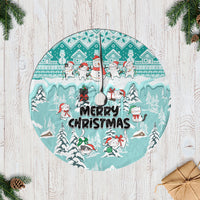 Turquoise cat Christmas tree skirt with Merry Christmas text and snowman characters