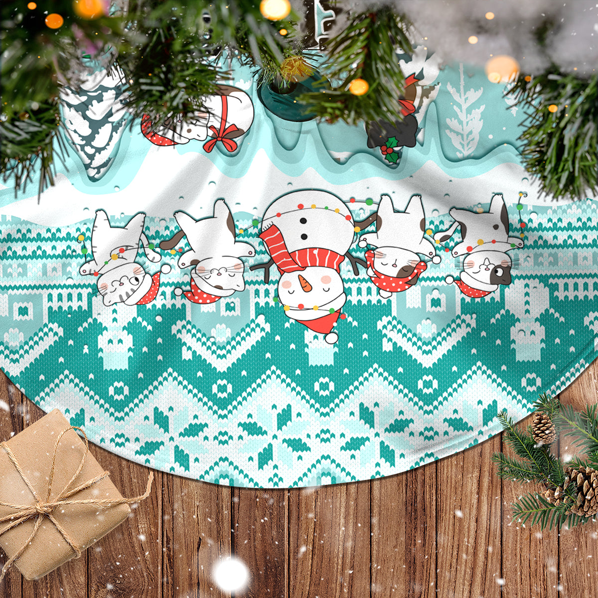 Turquoise tree skirt with cat and snowman figures, scalloped edge festive pattern