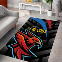 Black sports area rug with Antigua Falcons eagle logo, red beak and blue outline