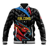 Black varsity baseball jacket with Falcons front graphic and striped ribbed collar