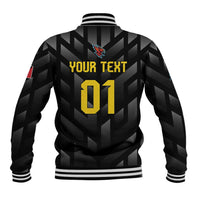 Black baseball jacket back with 'YOUR TEXT' and 01 number graphic, striped hem