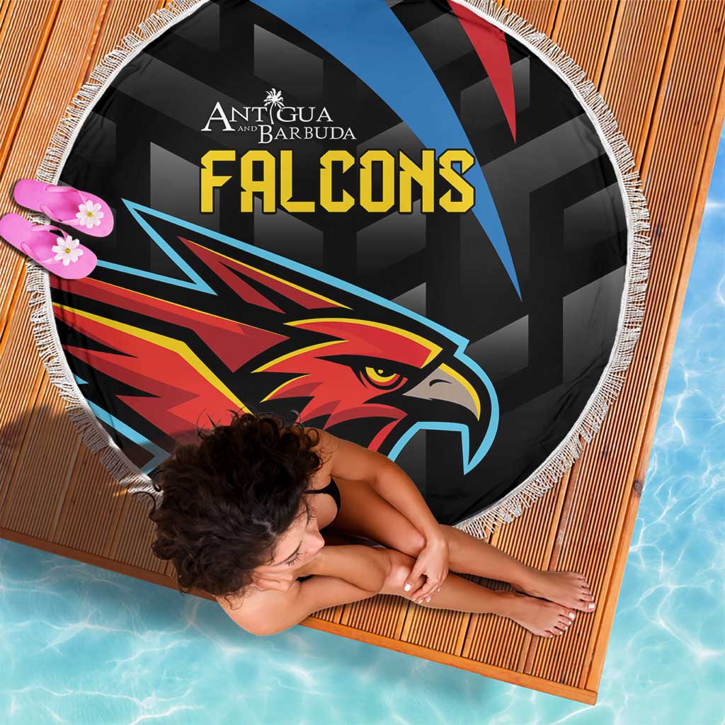 Black round cricket beach blanket with Falcons logo and eagle head, white fringed edge