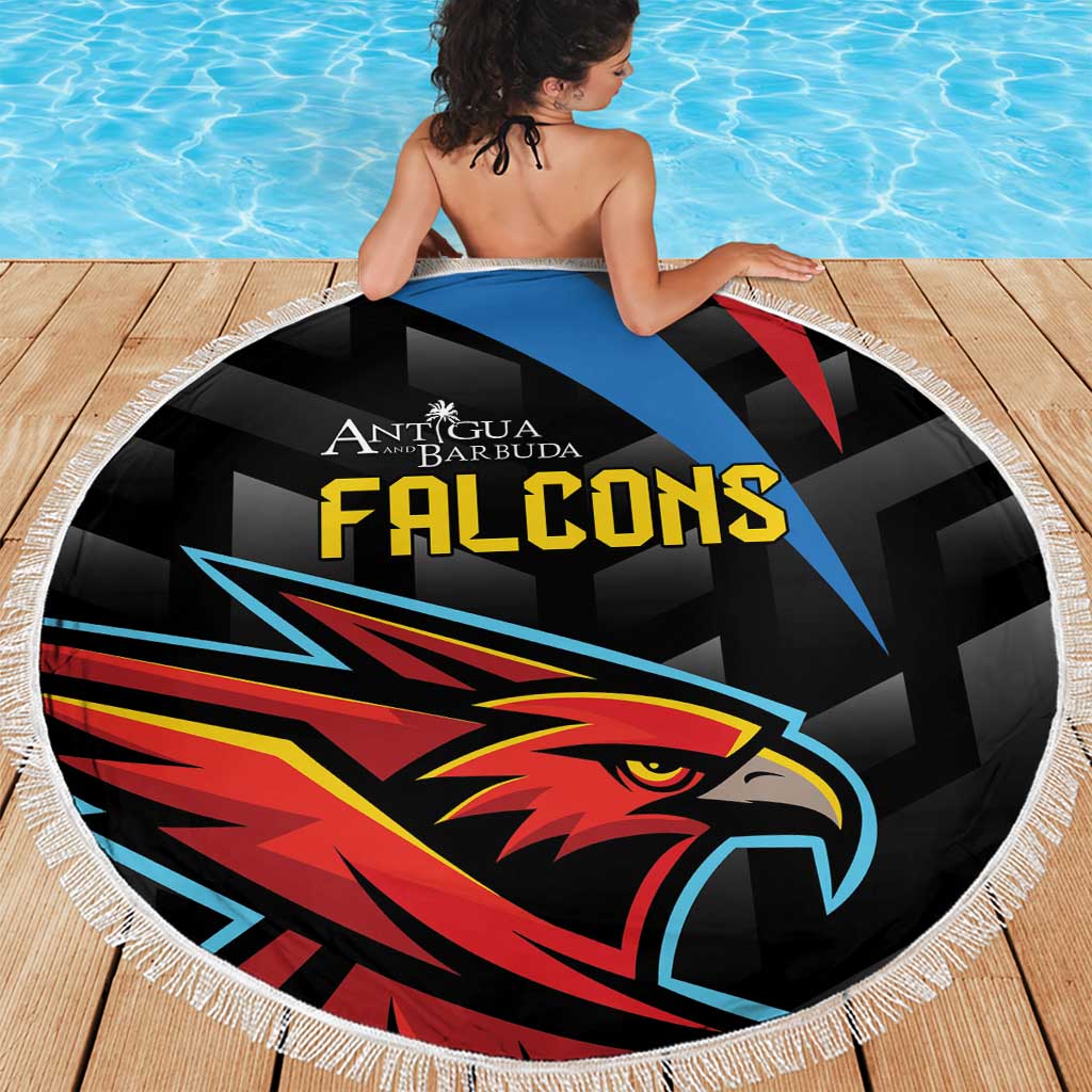 Round black cricket beach blanket showing Falcons logo and eagle head, fringed border