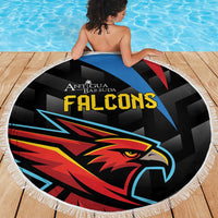Round black cricket beach blanket showing Falcons logo and eagle head, fringed border