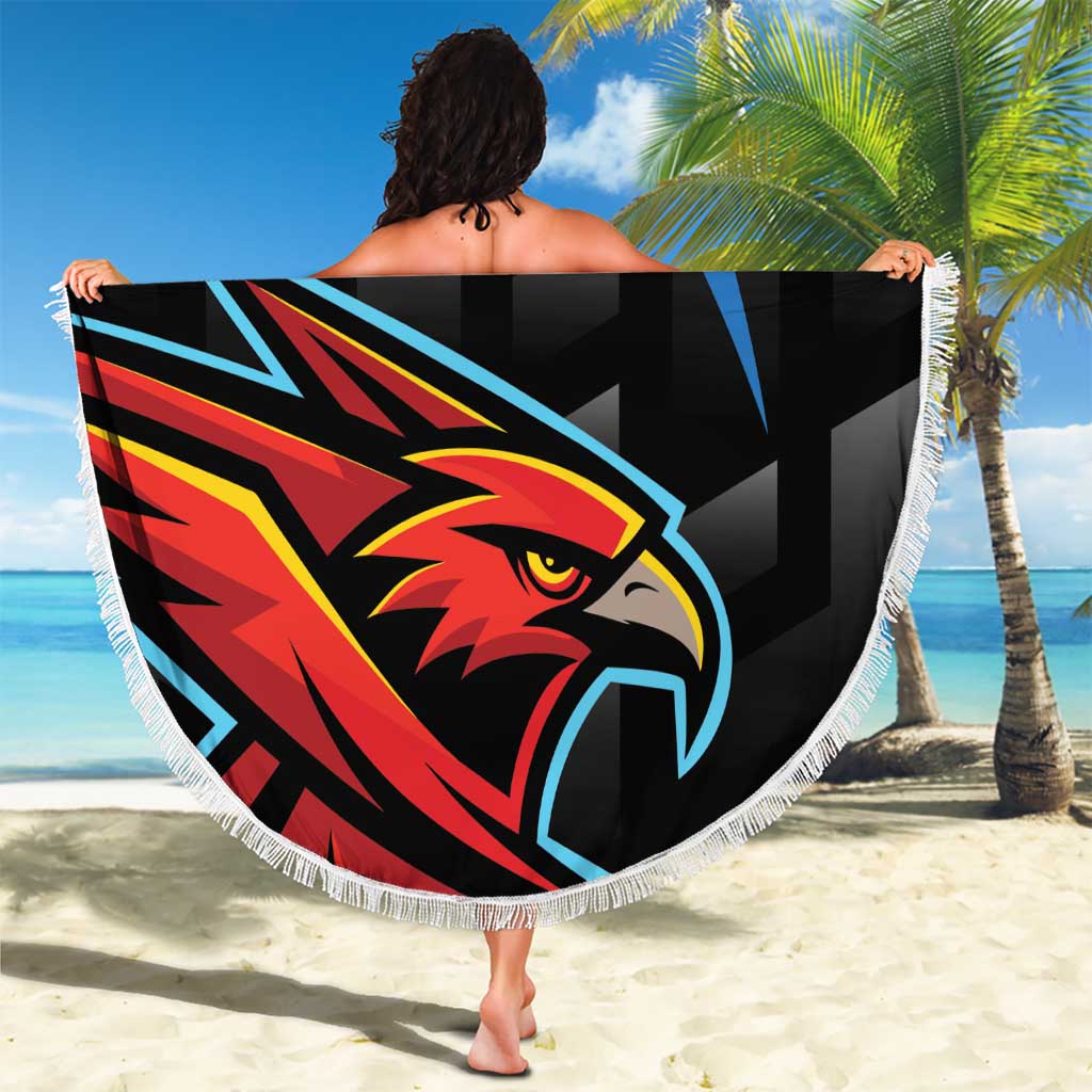 Round black cricket beach blanket with Falcons eagle head graphic and striped design, fringed