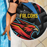 Black round cricket beach blanket with Falcons logo and eagle head, white fringed border