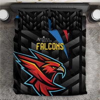Black duvet cover with Falcons logo and geometric pattern, shown flat on a bed