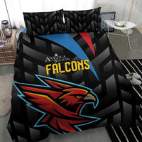 Black duvet cover with Falcons crest and geometric stripes pattern, bedding set view