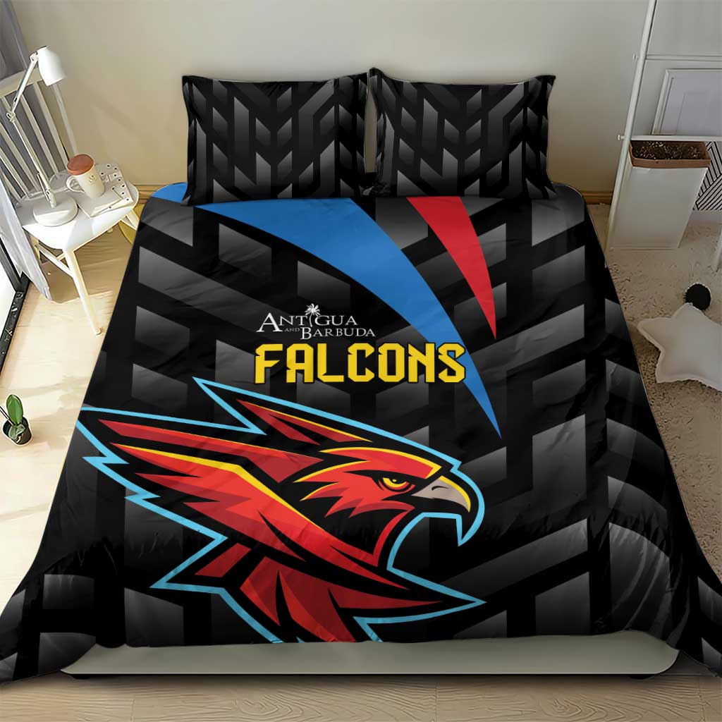 Black bedding set with Falcons logo on duvet cover, shown with pillows on bed