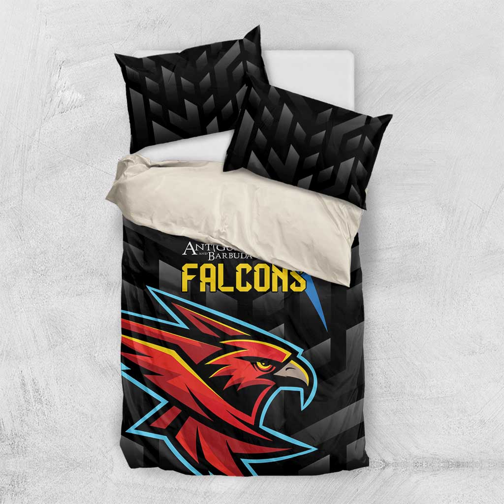 Black duvet cover and two pillowcases with Falcons graphic and geometric pattern