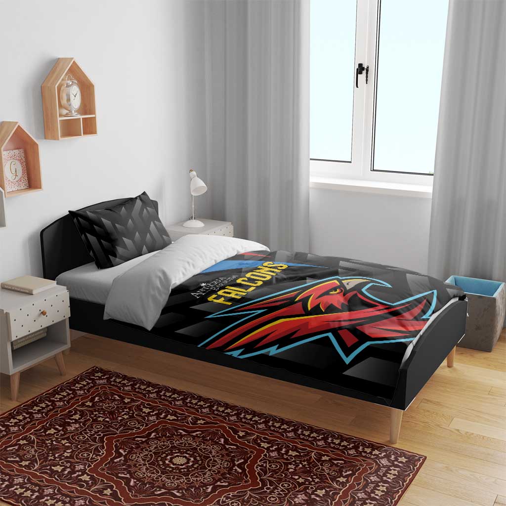 Black bedding set with Falcons logo and geometric pattern, styled on a bed