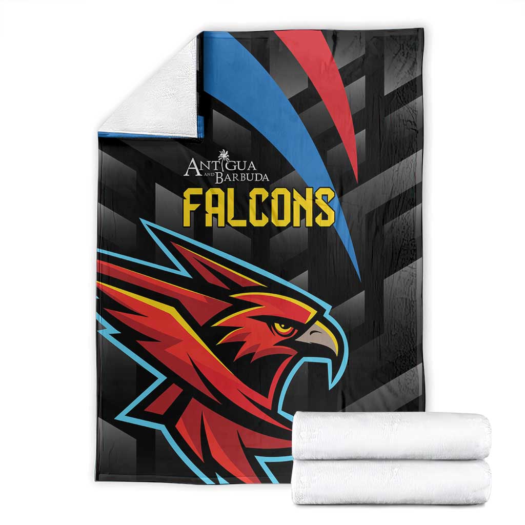 Black Falcons cricket blanket with Antigua & Barbuda text, folded with stacked rolls