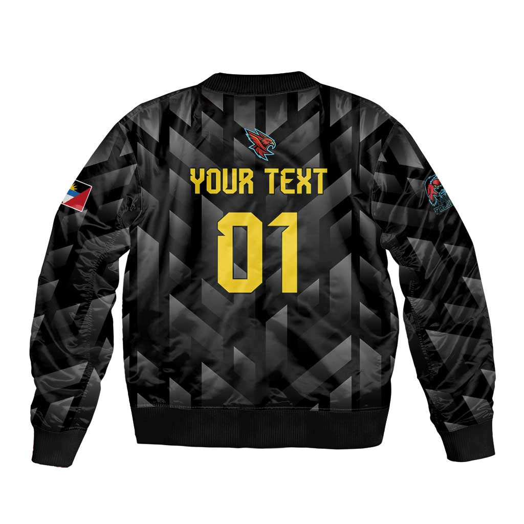 Black unisex cricket bomber jacket, back print with 'YOUR TEXT' and number 01