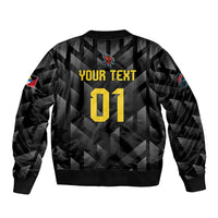 Black unisex cricket bomber jacket, back print with 'YOUR TEXT' and number 01