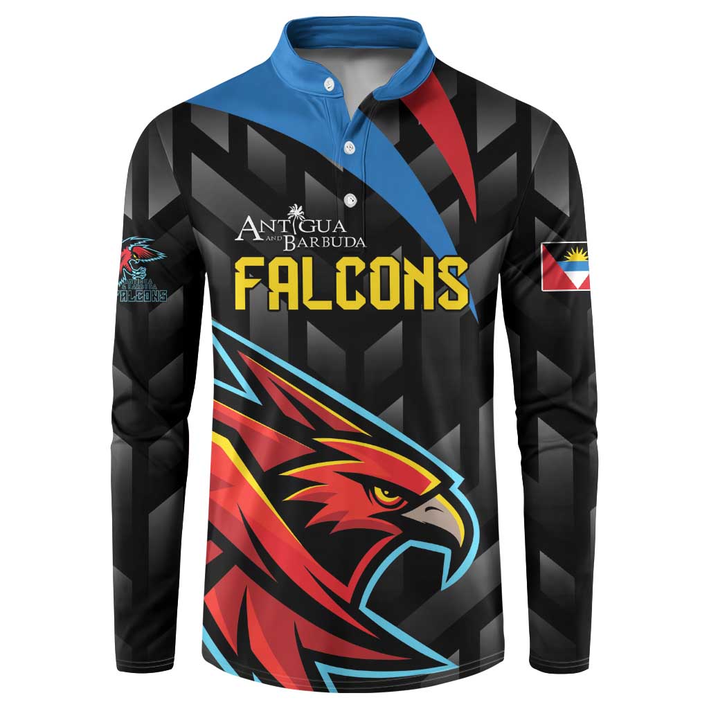 Black cricket button sweatshirt with blue collar and Falcons front graphic