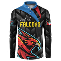 Black cricket button sweatshirt with blue collar and Falcons front graphic