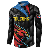 Black cricket button sweatshirt with blue collar and Falcons logo front graphic