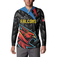 Black cricket button sweatshirt with blue collar and Falcons front graphic on model