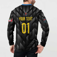 Black cricket button sweatshirt back with Your Text 01 and Falcons emblem on model