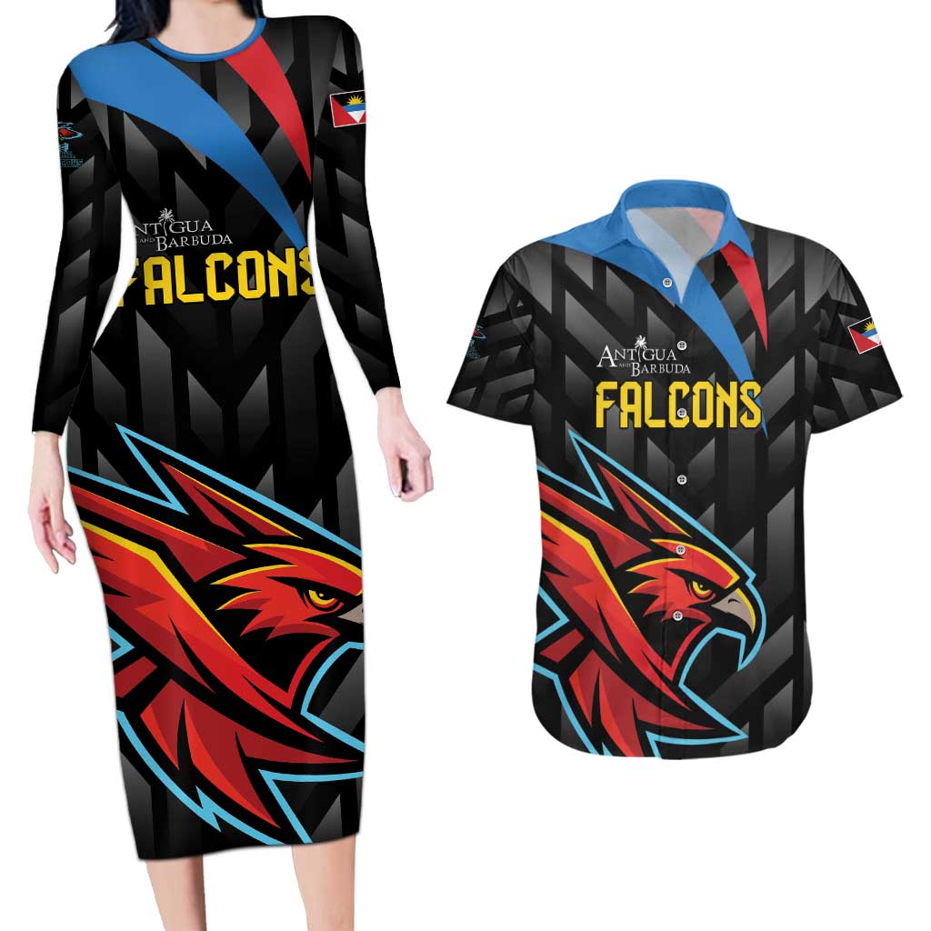 Custom Antigua and Barbuda Cricket Couples Matching Long Sleeve Bodycon Dress and Hawaiian Shirt Falcons Flying High - Wonder Print Shop