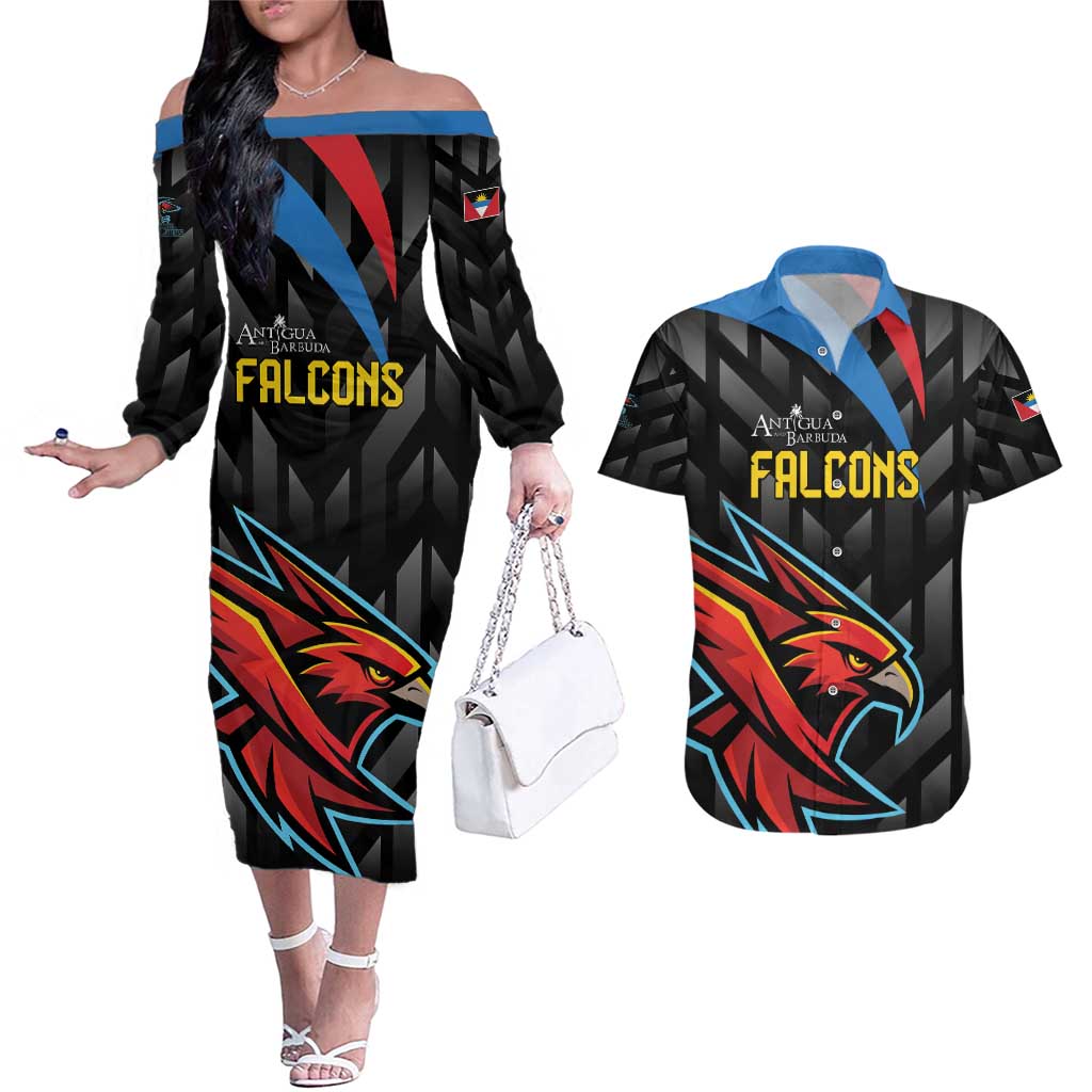 Custom Antigua and Barbuda Cricket Couples Matching Off The Shoulder Long Sleeve Dress and Hawaiian Shirt Falcons Flying High - Wonder Print Shop