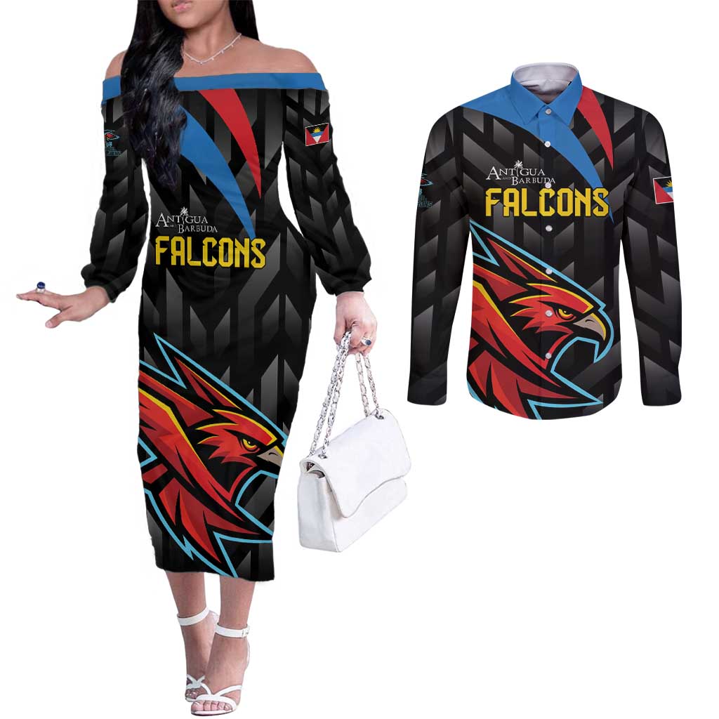 Custom Antigua and Barbuda Cricket Couples Matching Off The Shoulder Long Sleeve Dress and Long Sleeve Button Shirt Falcons Flying High