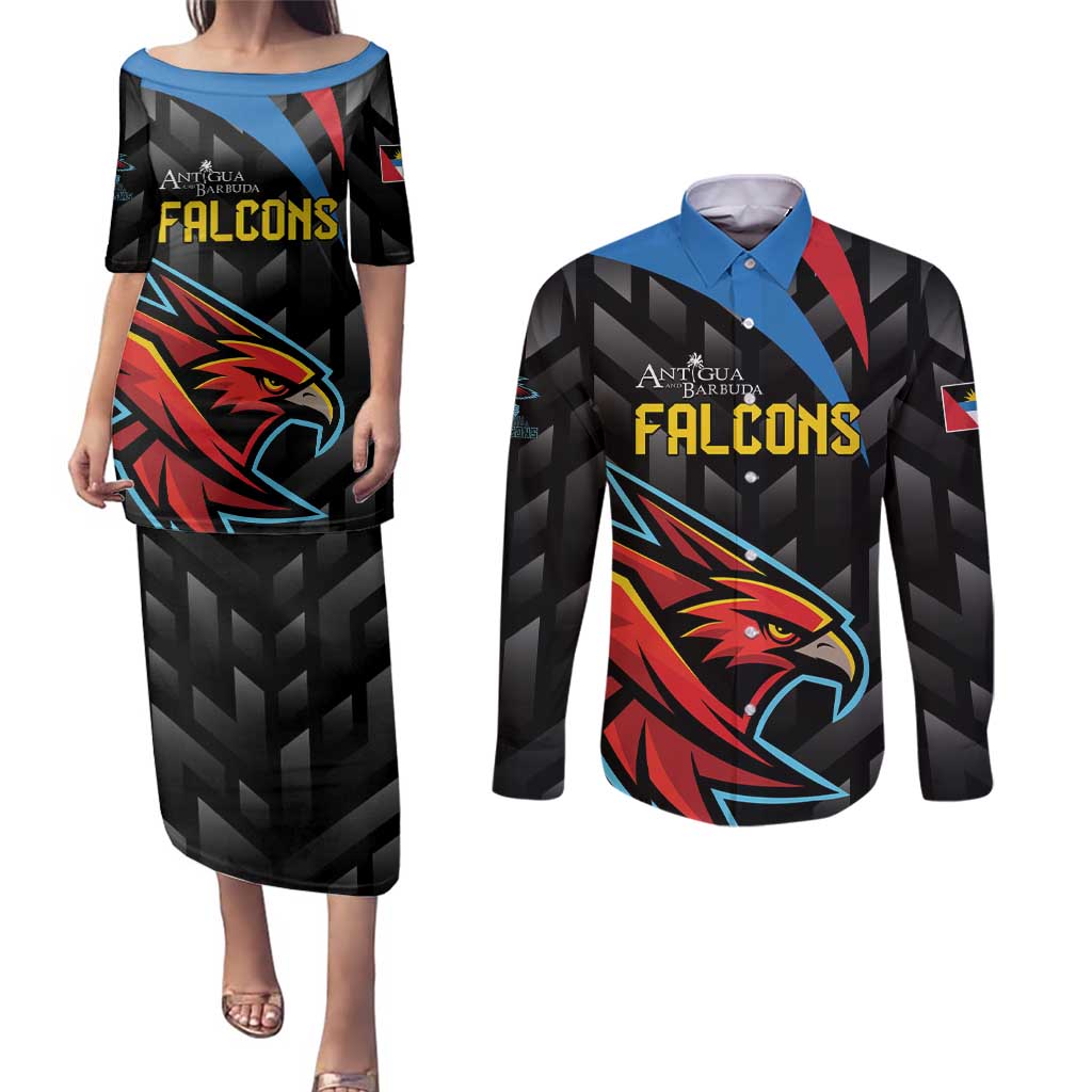 Custom Antigua and Barbuda Cricket Couples Matching Puletasi and Long Sleeve Button Shirt Falcons Flying High - Wonder Print Shop