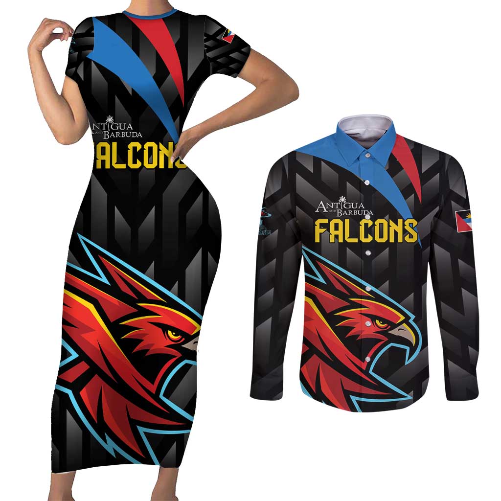 Custom Antigua and Barbuda Cricket Couples Matching Short Sleeve Bodycon Dress and Long Sleeve Button Shirt Falcons Flying High - Wonder Print Shop