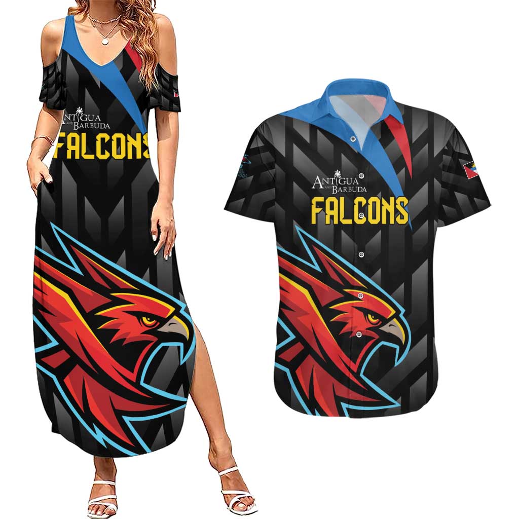 Custom Antigua and Barbuda Cricket Couples Matching Summer Maxi Dress and Hawaiian Shirt Falcons Flying High - Wonder Print Shop