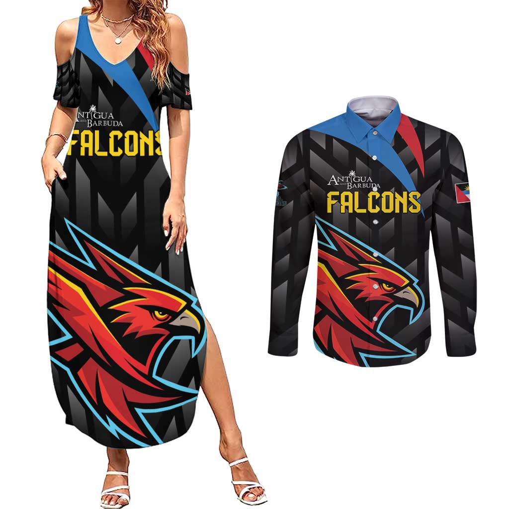 Custom Antigua and Barbuda Cricket Couples Matching Summer Maxi Dress and Long Sleeve Button Shirt Falcons Flying High - Wonder Print Shop