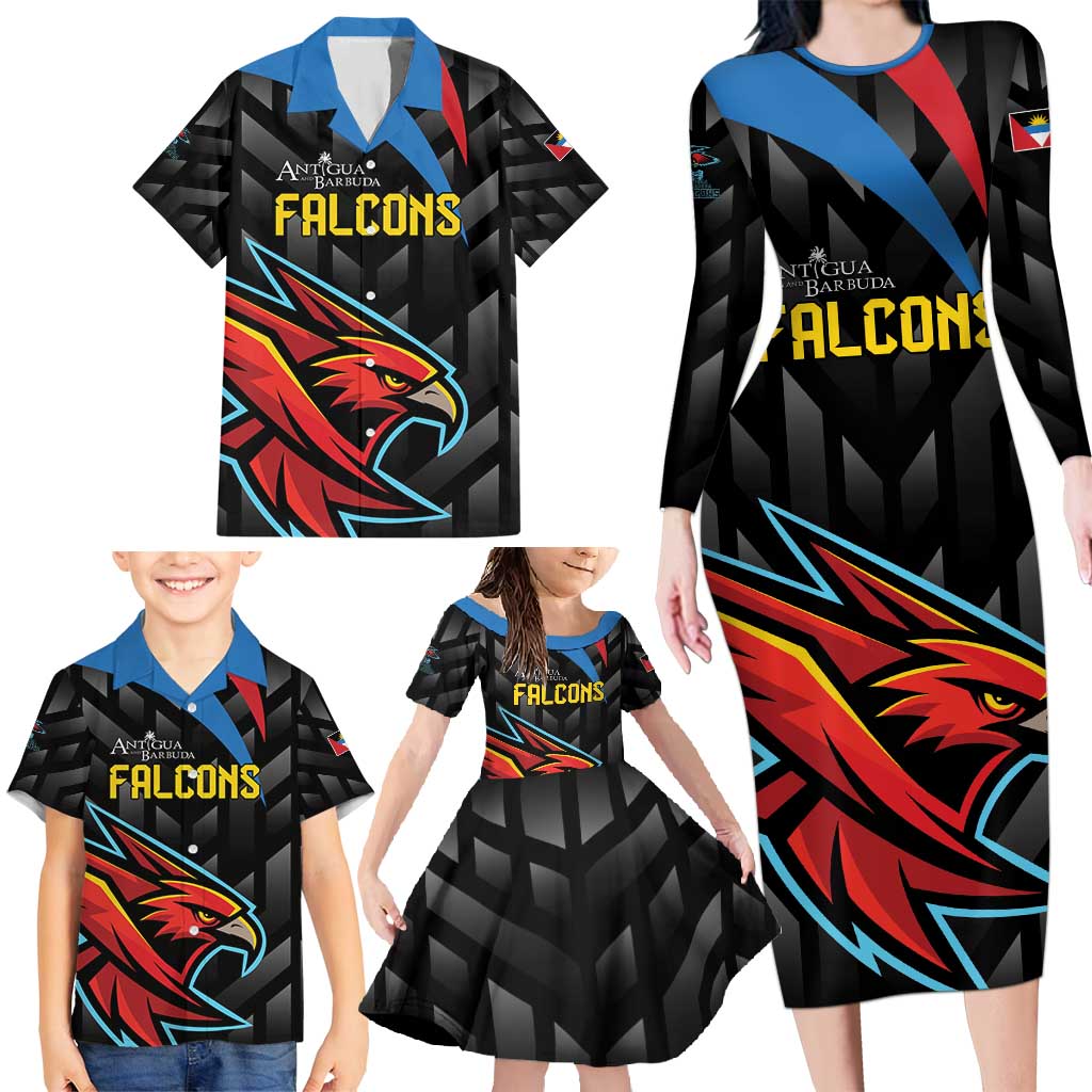 Custom Antigua and Barbuda Cricket Family Matching Long Sleeve Bodycon Dress and Hawaiian Shirt Falcons Flying High - Wonder Print Shop