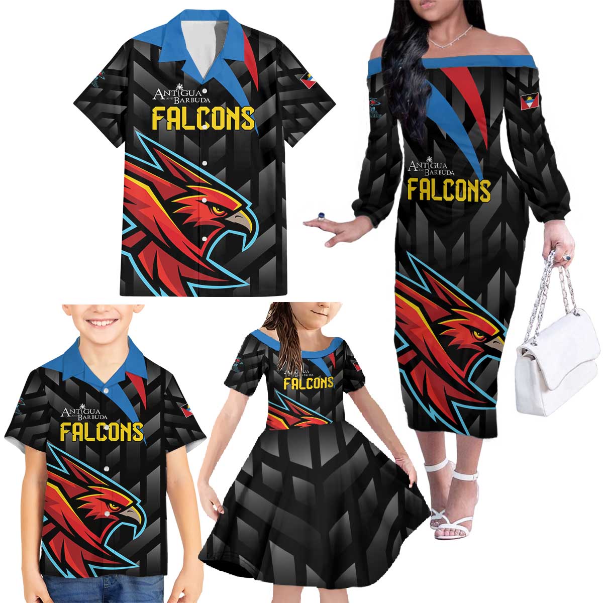 Custom Antigua and Barbuda Cricket Family Matching Off The Shoulder Long Sleeve Dress and Hawaiian Shirt Falcons Flying High - Wonder Print Shop