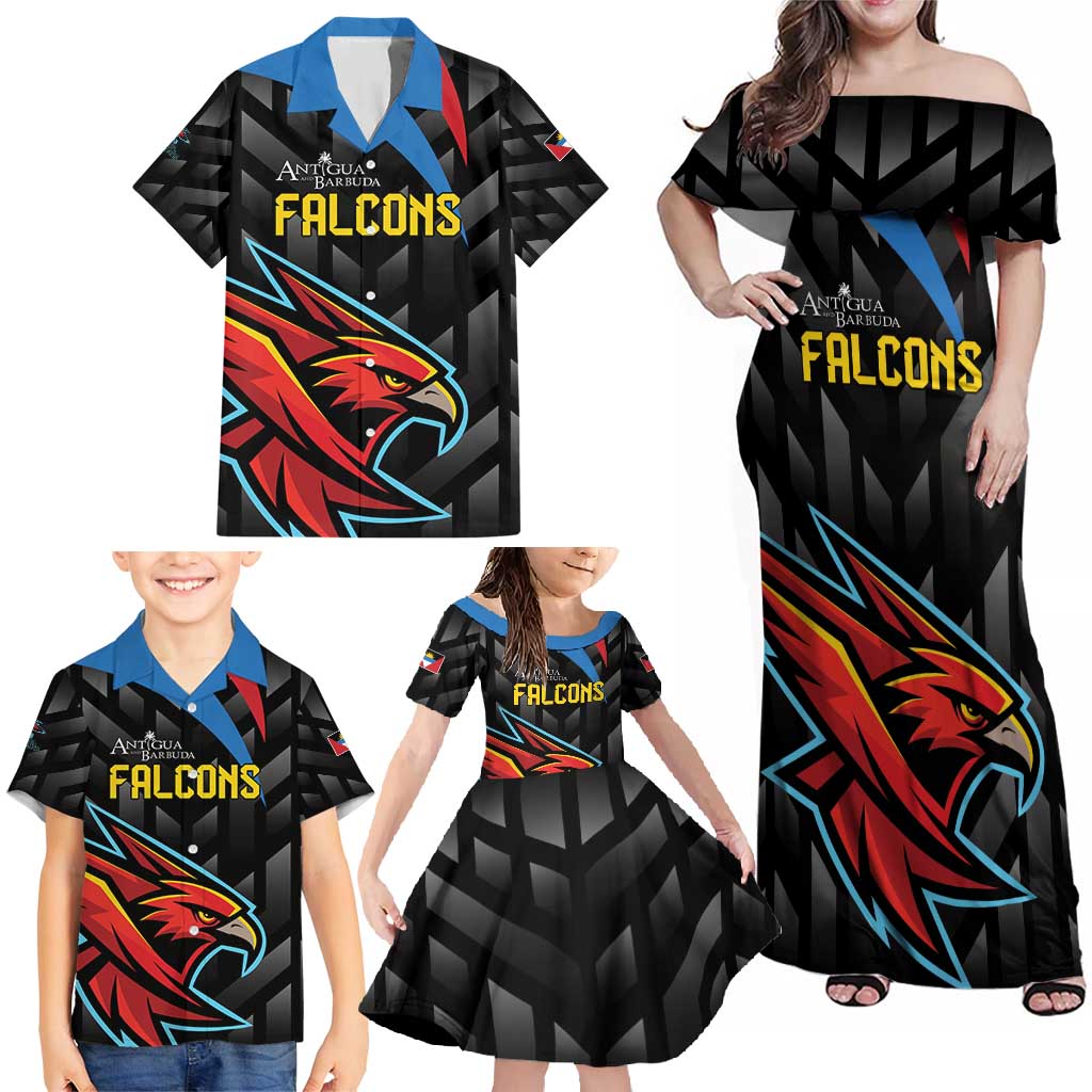 Custom Antigua and Barbuda Cricket Family Matching Off Shoulder Maxi Dress and Hawaiian Shirt Falcons Flying High - Wonder Print Shop