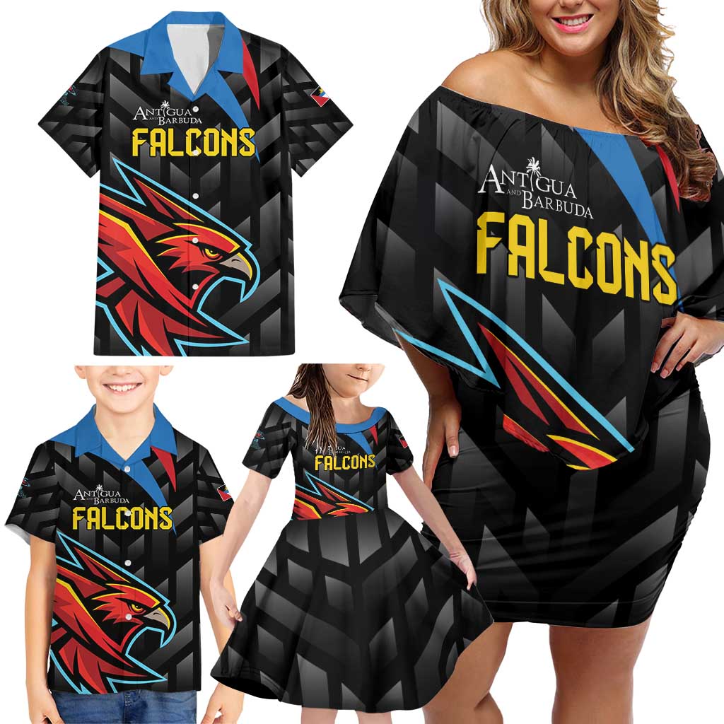 Custom Antigua and Barbuda Cricket Family Matching Off Shoulder Short Dress and Hawaiian Shirt Falcons Flying High - Wonder Print Shop