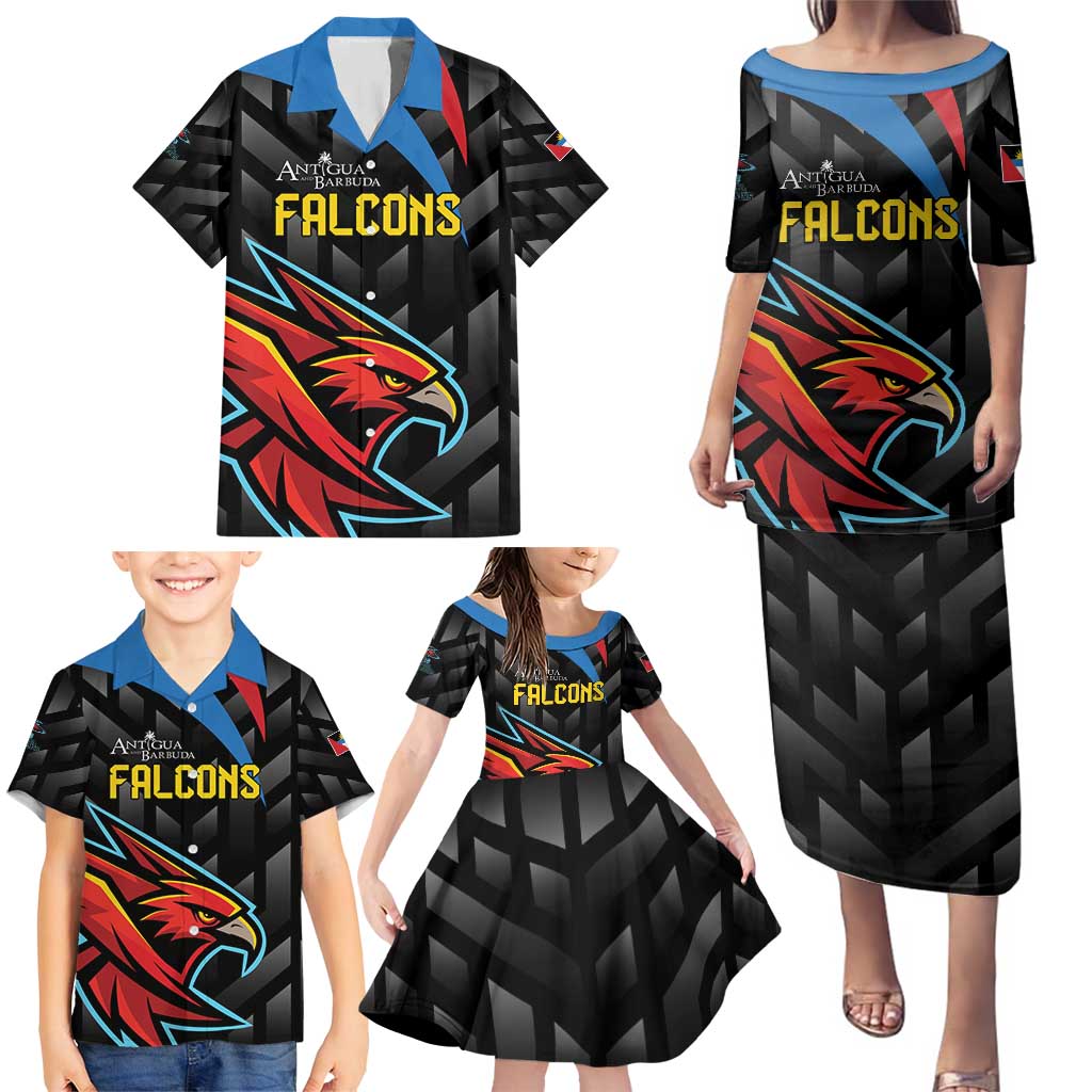 Custom Antigua and Barbuda Cricket Family Matching Puletasi and Hawaiian Shirt Falcons Flying High - Wonder Print Shop