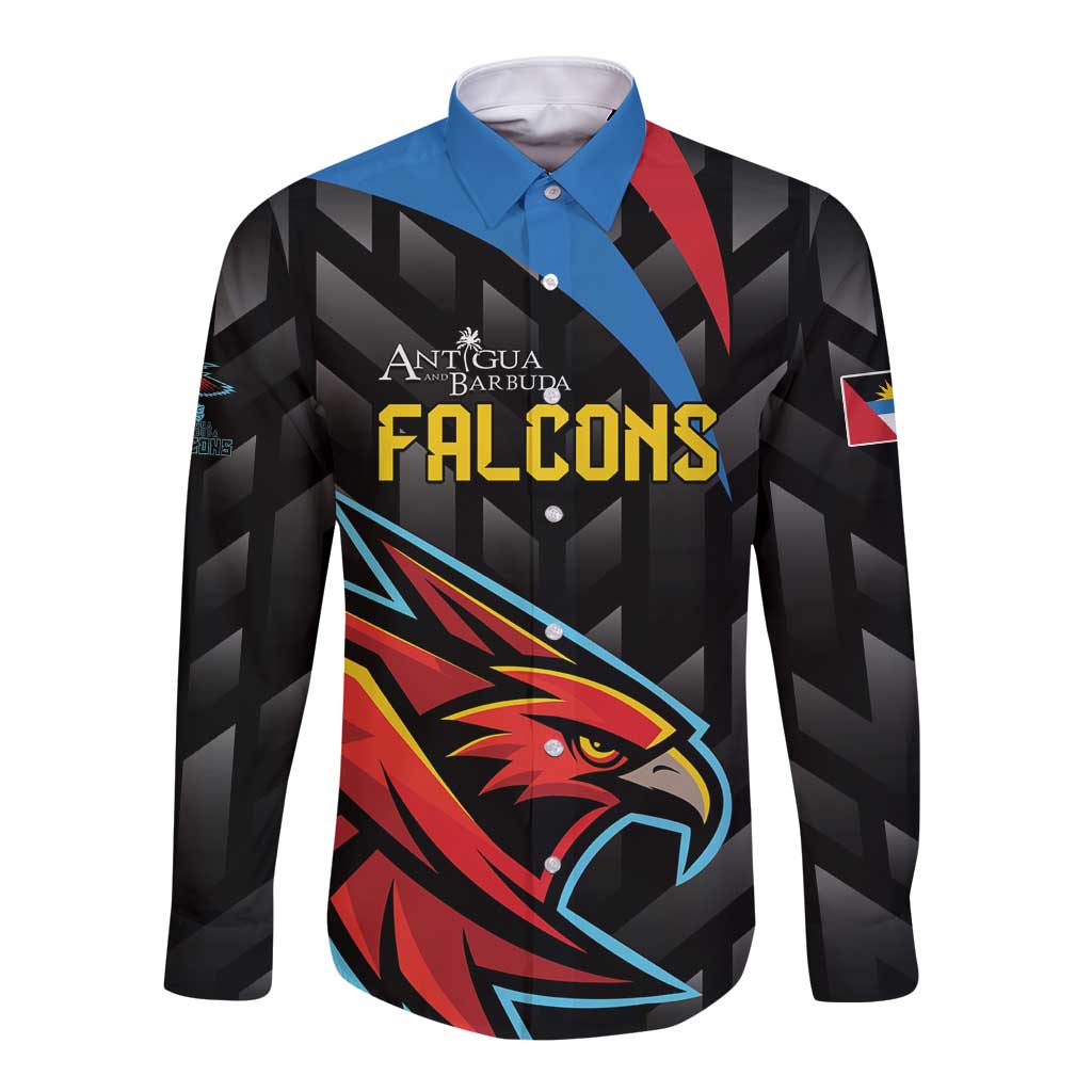 Black long-sleeve button cricket shirt with blue collar and front falcon graphic
