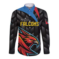 Black long-sleeve button cricket shirt with blue collar and front falcon graphic