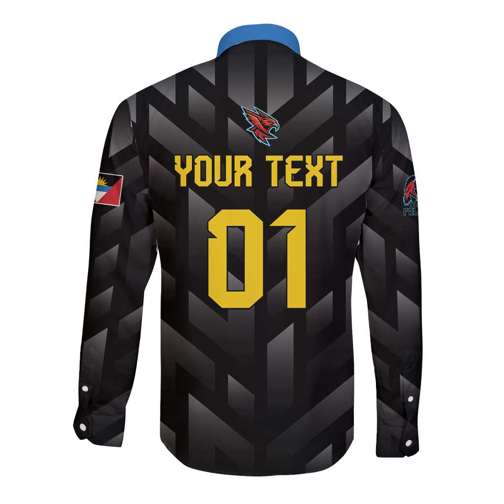 Black long-sleeve button cricket shirt with back numeral 01 and bird logo